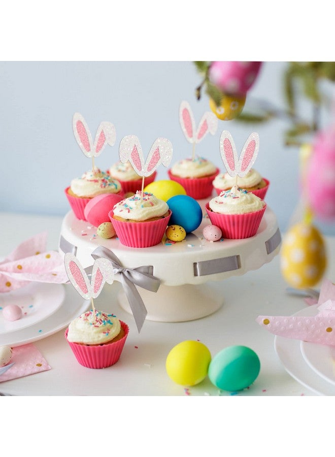 Ephlyn 24Pcs Glitter Bunny Ears Cupcake Toppers Easter Rabbit Theme Happy Birthday Cupcake Picks for Bunny Happy Easter Baby Shower Birthday Spring Easter Party Cake Decorations - Image 5