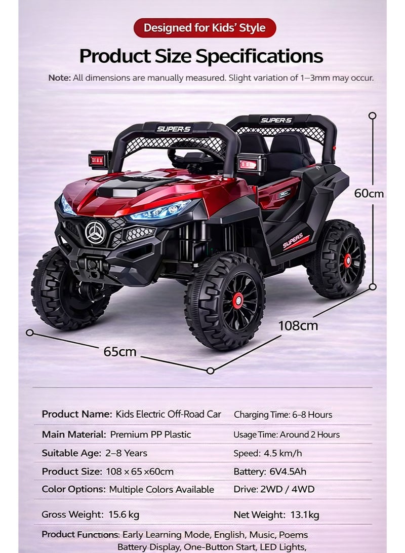 12V Kids Ride On Electric Car with Remote Control, 4WD Off-Road SUV, LED Lights, Music Player, USB & AUX, Dual Seat, Battery Powered Toy Car for Boys & Girls 2-8 Years - Image 4
