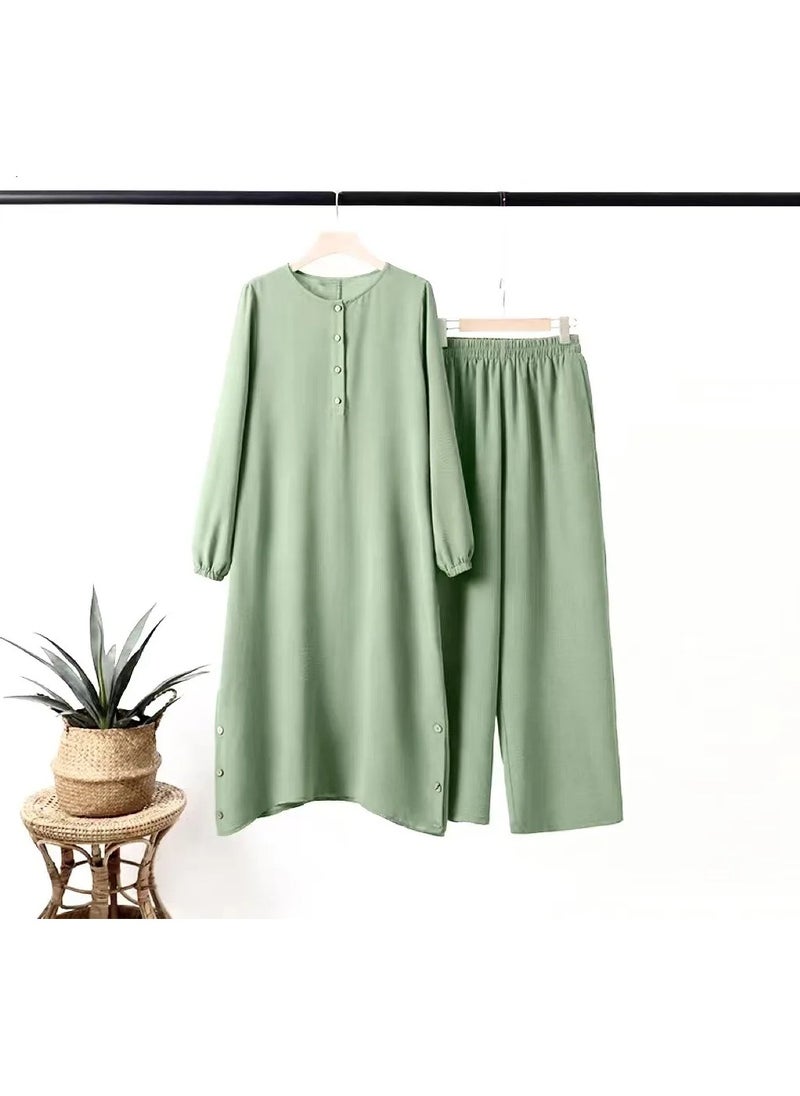 Generic - Solid Color Modest Blouse and Pants Set for Women - Image 1