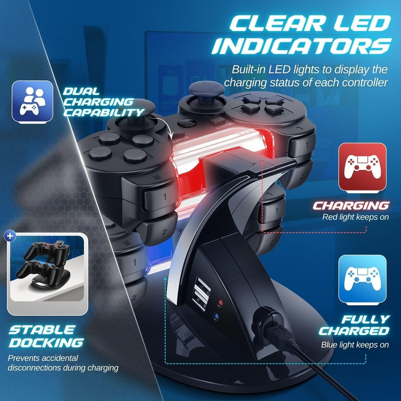 TNP Products TNP Compatible with PS3 Controller Charger Stand for Sony Playstation 3 Controller compatible with Dualshock 3 Charging, 2 Tier Docking Station Stand and 2 USB PS3 Cable ports with LED Indicators - Image 3