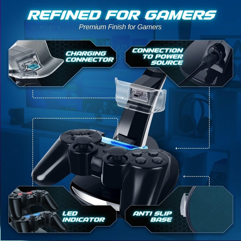 TNP Products TNP Compatible with PS3 Controller Charger Stand for Sony Playstation 3 Controller compatible with Dualshock 3 Charging, 2 Tier Docking Station Stand and 2 USB PS3 Cable ports with LED Indicators - Image 4