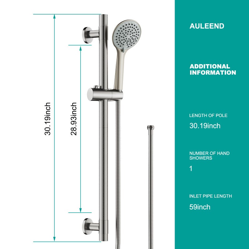 AULEEND Shower Slide Bar Handheld Shower Head with Hose, 5-Function Hand Shower with Wall Mountï¼Œshower slide bar,adjustable height shower head (A-round, Brushed Nickel) - Image 2