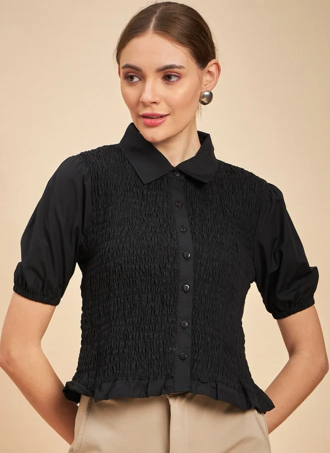 MINT STREET Black Smocking Shirt Style Top for Women