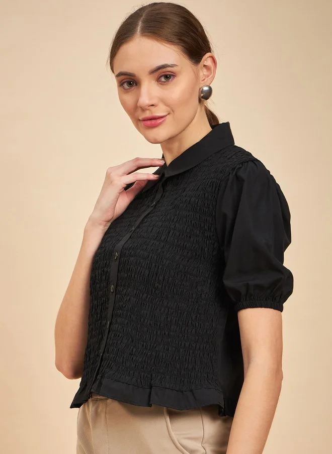 MINT STREET Black Smocking Shirt Style Top for Women