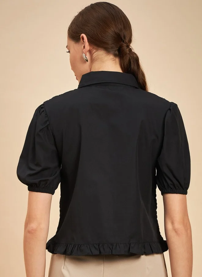 MINT STREET Black Smocking Shirt Style Top for Women