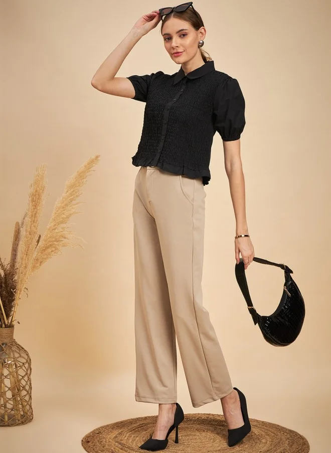 MINT STREET Black Smocking Shirt Style Top for Women