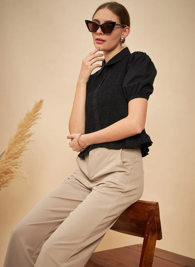 MINT STREET Black Smocking Shirt Style Top for Women