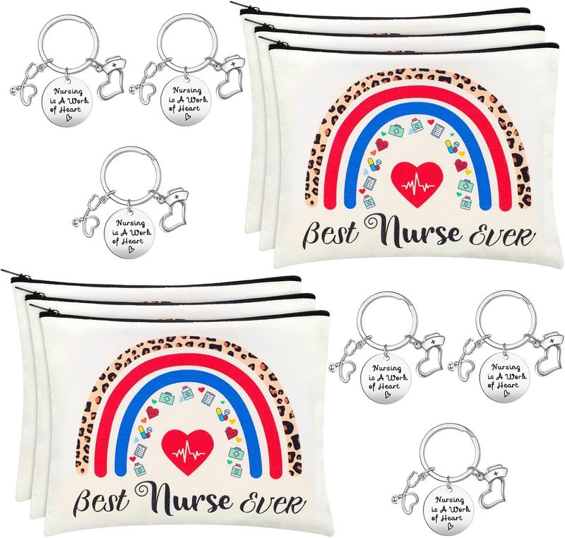 Mtlee 12 قطعة هدايا ممرضات للنساء 6 حقائب مكياج كوسمتيك بجيب سحاب 6 سلاسل مفاتيح هدايا تقدير أسبوع الممرضات ملحقات للعمل لممارسي عيد الميلاد (نمط قلب)