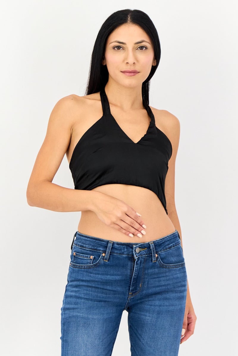 Lefties Women Halter Neck Sleeveless Plain Crop Top, Black - Image 1