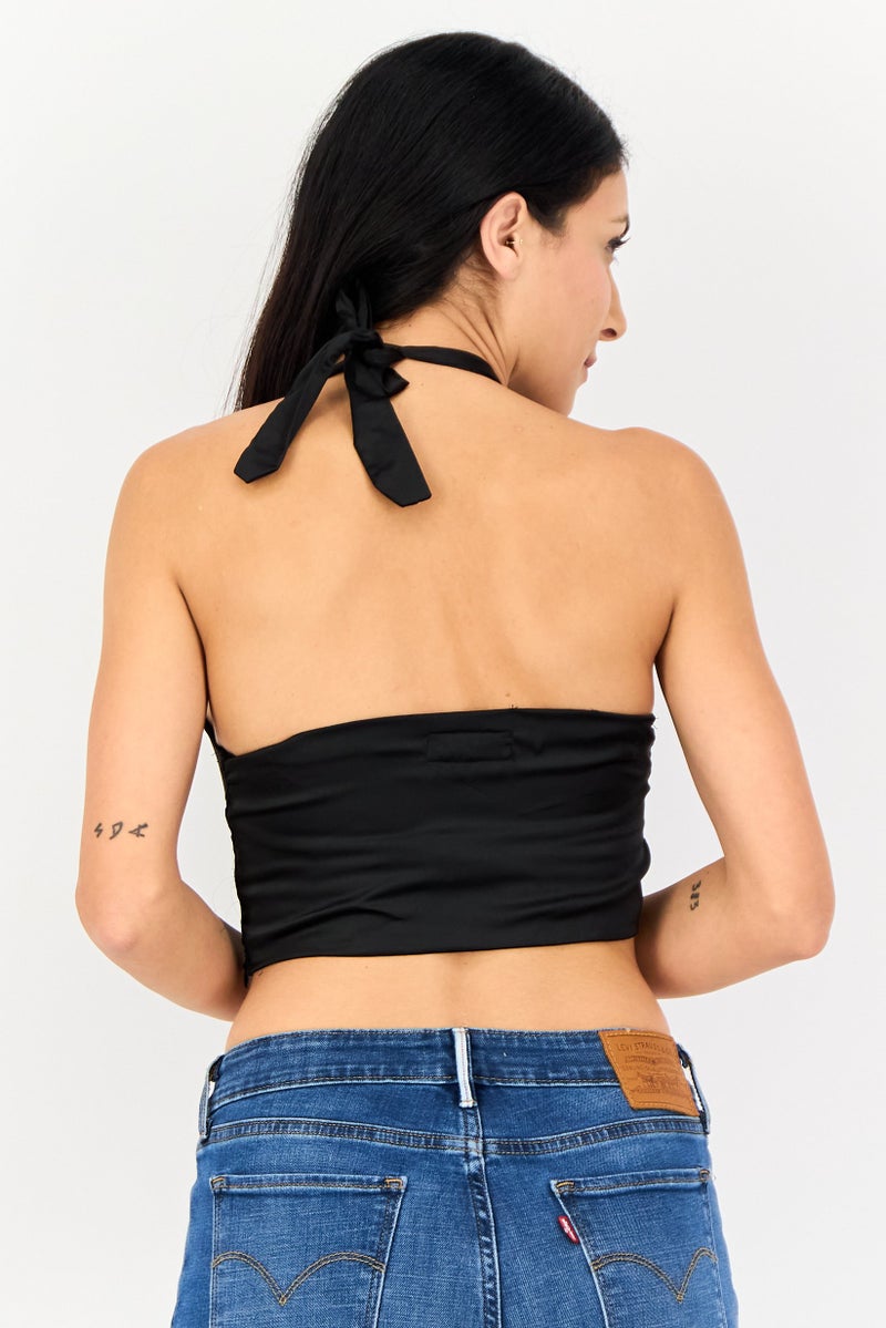 Lefties Women Halter Neck Sleeveless Plain Crop Top, Black - Image 2