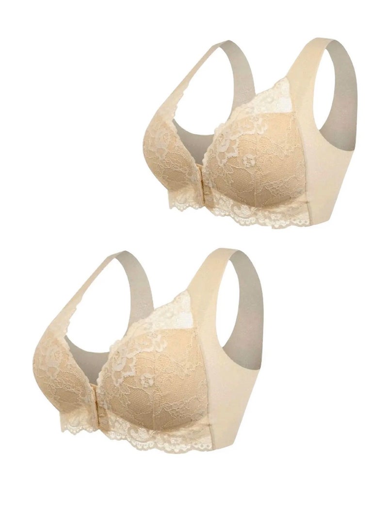 SOLOBUY beige bra, with lace, front clasp , 2 of pack - Image 1