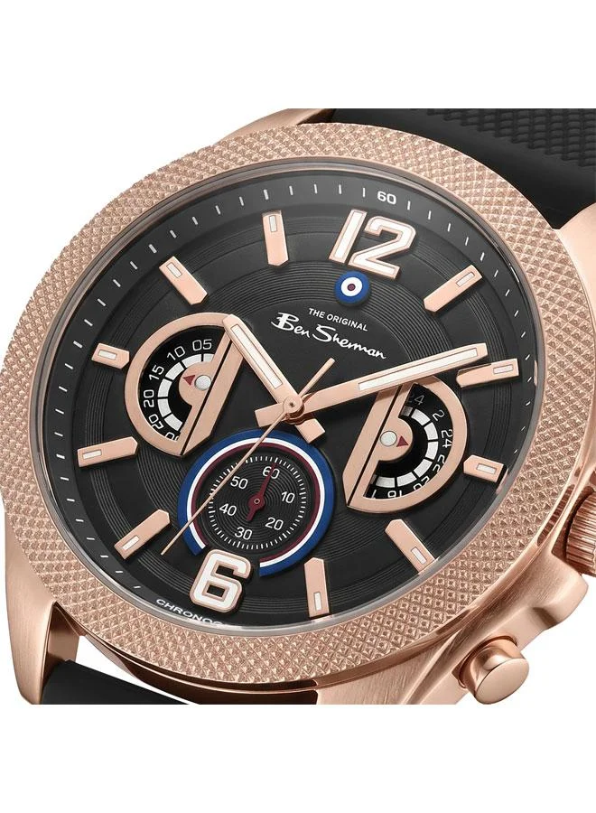 بين شيرمان Sheffield Black Dial Black Silicone Strap Chronograph Watch for Men, 44mm