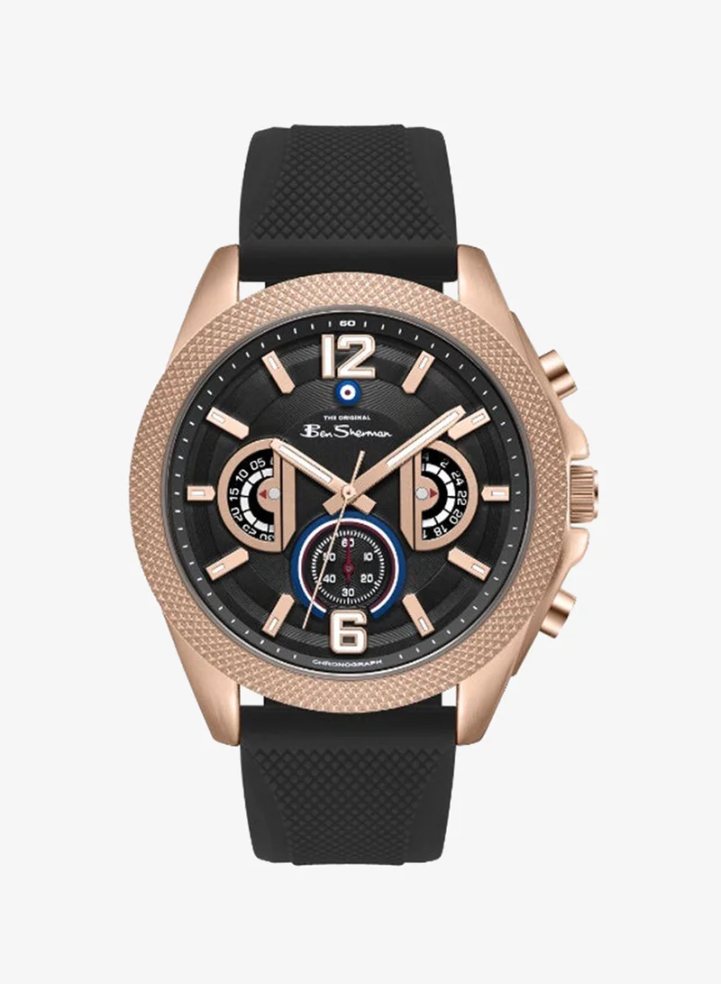 Ben Sherman Sheffield Black Dial Black Silicone Strap Chronograph Watch for Men, 44mm