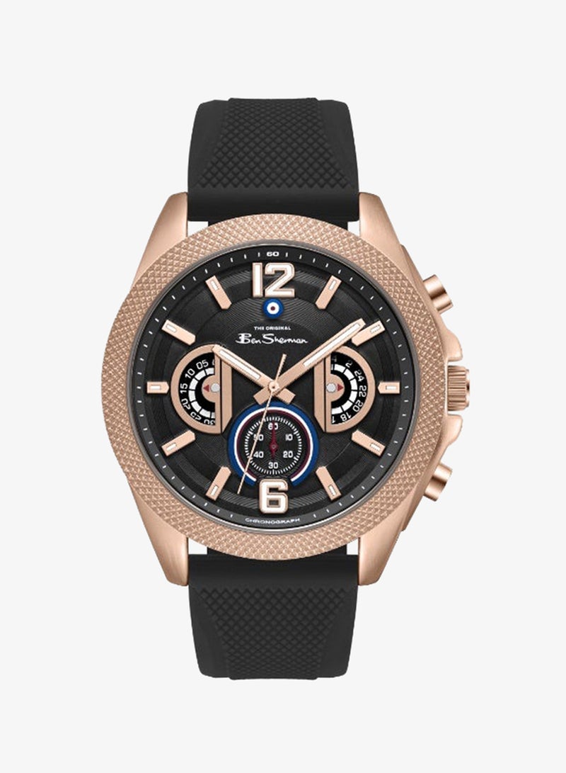 Ben Sherman Sheffield Black Dial Black Silicone Strap Chronograph Watch for Men, 44mm - Image 1