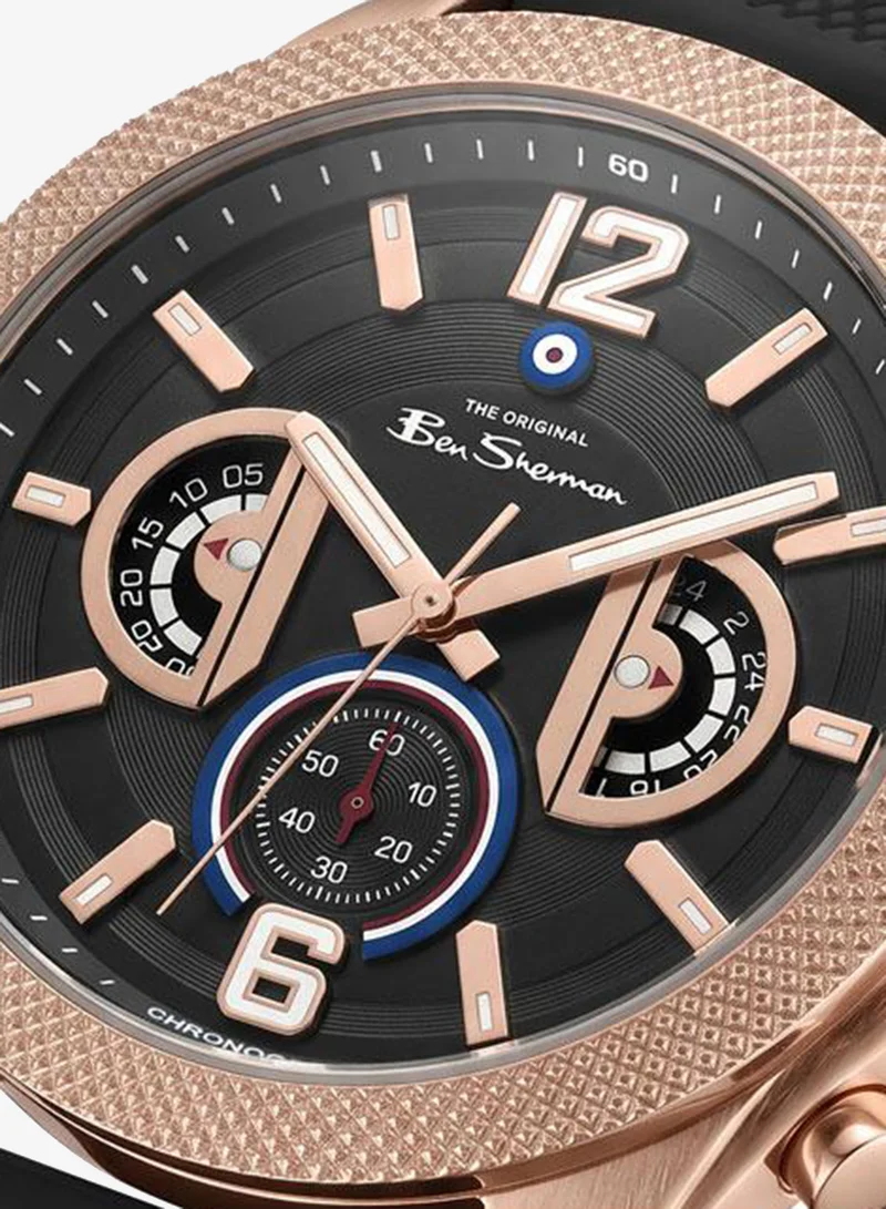 Ben Sherman Sheffield Black Dial Black Silicone Strap Chronograph Watch for Men, 44mm