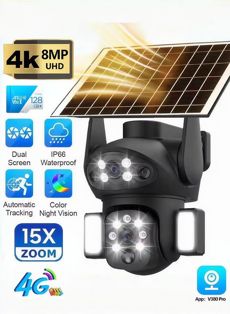 Generic 4K 8MP Solar Camera 4G Sim PTZ Cameras Outdoor Dual Lens IP Camara Solar Panel CCTV Security Built in Battery PIR Cam (With128GB SD Card)，with dual courtyard lights - Image 1