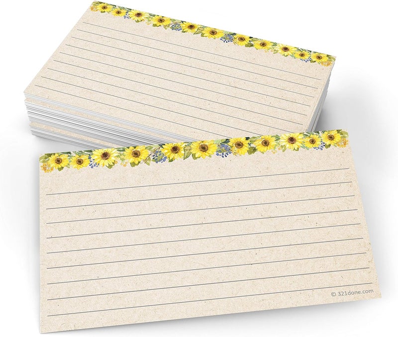 321Done Sunflower Index Cards - Made in USA - Small 3x5 (Set of 50) Rustic Kraft Tan Narrow-Ruled Lined Notecards Double-Sided, Thick Heavy Duty Cardstock, Cute Pretty Sun Flowers Floral Ruled Lines - Image 1