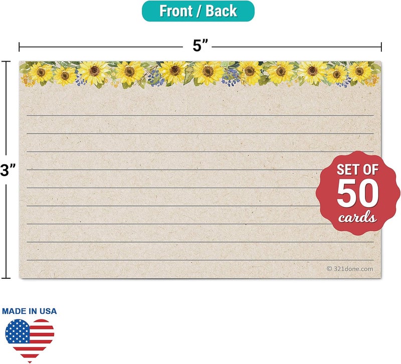 321Done Sunflower Index Cards - Made in USA - Small 3x5 (Set of 50) Rustic Kraft Tan Narrow-Ruled Lined Notecards Double-Sided, Thick Heavy Duty Cardstock, Cute Pretty Sun Flowers Floral Ruled Lines - Image 2