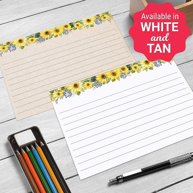 321Done Sunflower Index Cards - Made in USA - Small 3x5 (Set of 50) Rustic Kraft Tan Narrow-Ruled Lined Notecards Double-Sided, Thick Heavy Duty Cardstock, Cute Pretty Sun Flowers Floral Ruled Lines - Image 4