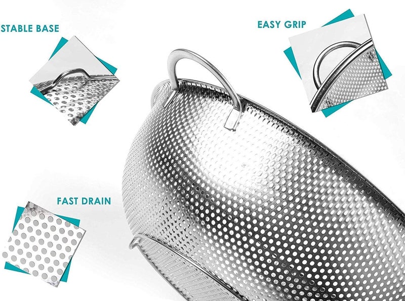 2HEET Multipurpose Stainless Steel Colander Strainer Drainer with Handle for Rice Fruits Vegetable Noodles Pasta Beans Grains Washing Filter Basket for Kitchen (25.5x25.5x9 cm) - Image 3