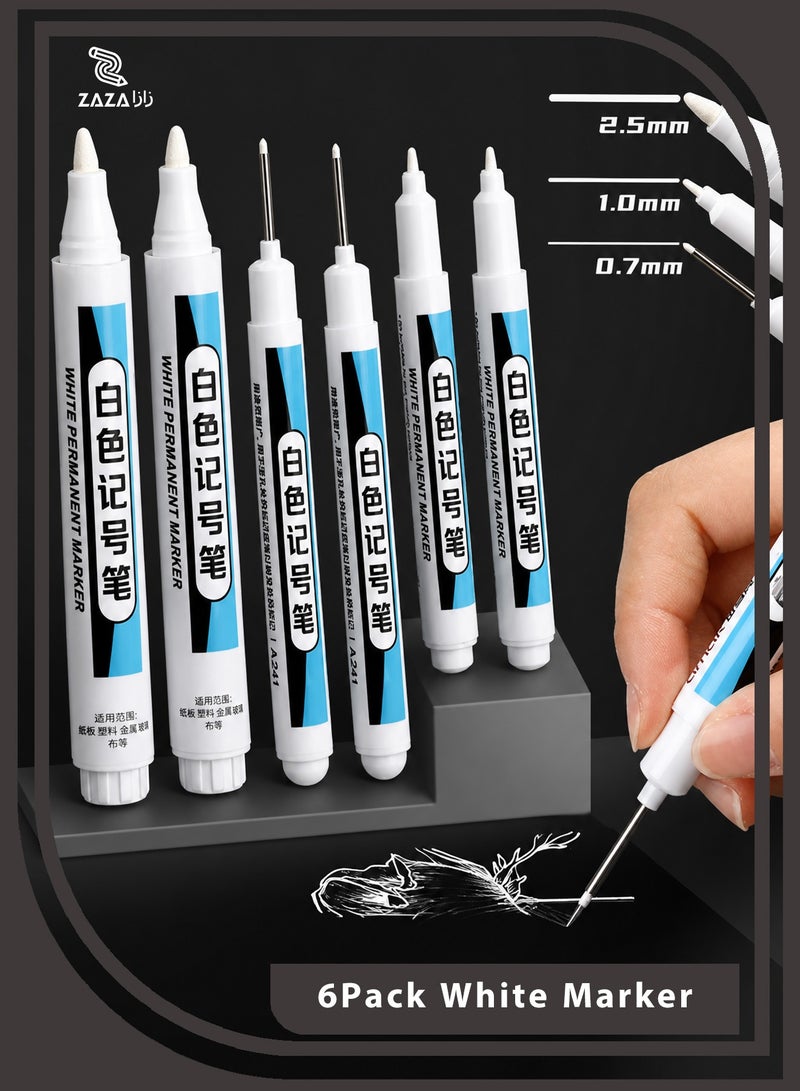 ZAZA White Marker Pen, Acrylic Markers Quick Dry, Waterproof Paint Marker with 0.7mm 1.0mm 2.5mm Multi-Tip, 6-Pack Permanent Deep Hole Set for Wood Metal Model Crafting - Image 1