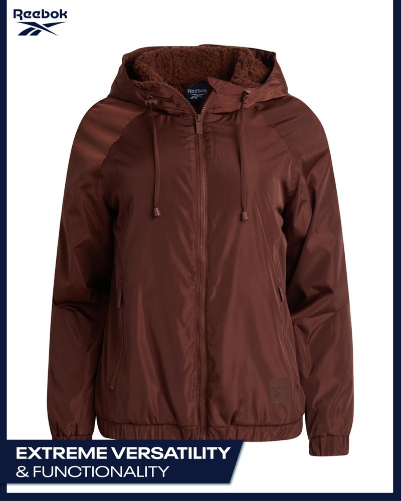 Reebok Womens Windbreaker Jacket - Water and Wind Resistant Midweight Cozy Sherpa Fleece Insulated Softshell Jacket for Women, Size Large, Cognac - Image 3