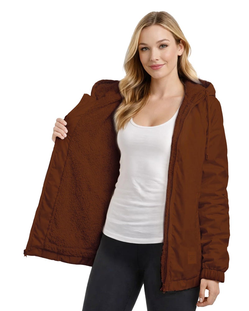 Reebok Womens Windbreaker Jacket - Water and Wind Resistant Midweight Cozy Sherpa Fleece Insulated Softshell Jacket for Women, Size Large, Cognac - Image 5