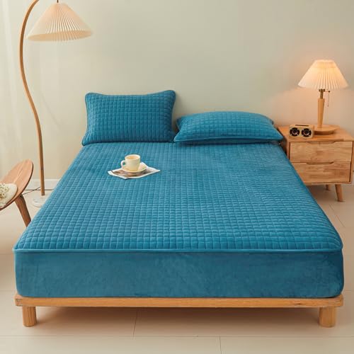 LweiPsqLin Quilted Flannel Fitted Sheets,Soft Flannel Fleece Mattress Top- Suitable for Fall and Winter,Fitted Deep Pocket Up to 15''. (Blue, Twin) - Image 1