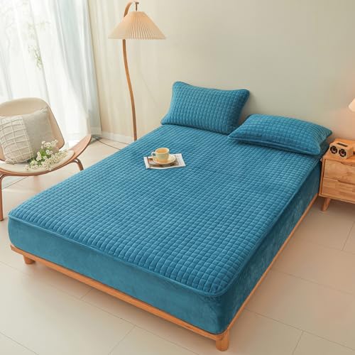 LweiPsqLin Quilted Flannel Fitted Sheets,Soft Flannel Fleece Mattress Top- Suitable for Fall and Winter,Fitted Deep Pocket Up to 15''. (Blue, Twin) - Image 2