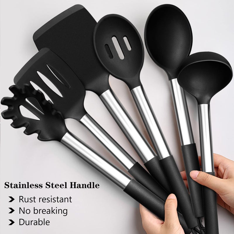 LIANYU Kitchen Cooking Utensils Set, 35-Piece Silicone Cooking Utensils Spatula Set with Holder, Non-stick Heat Resistant Cookware with Stainless Steel Handle, Black - Image 2