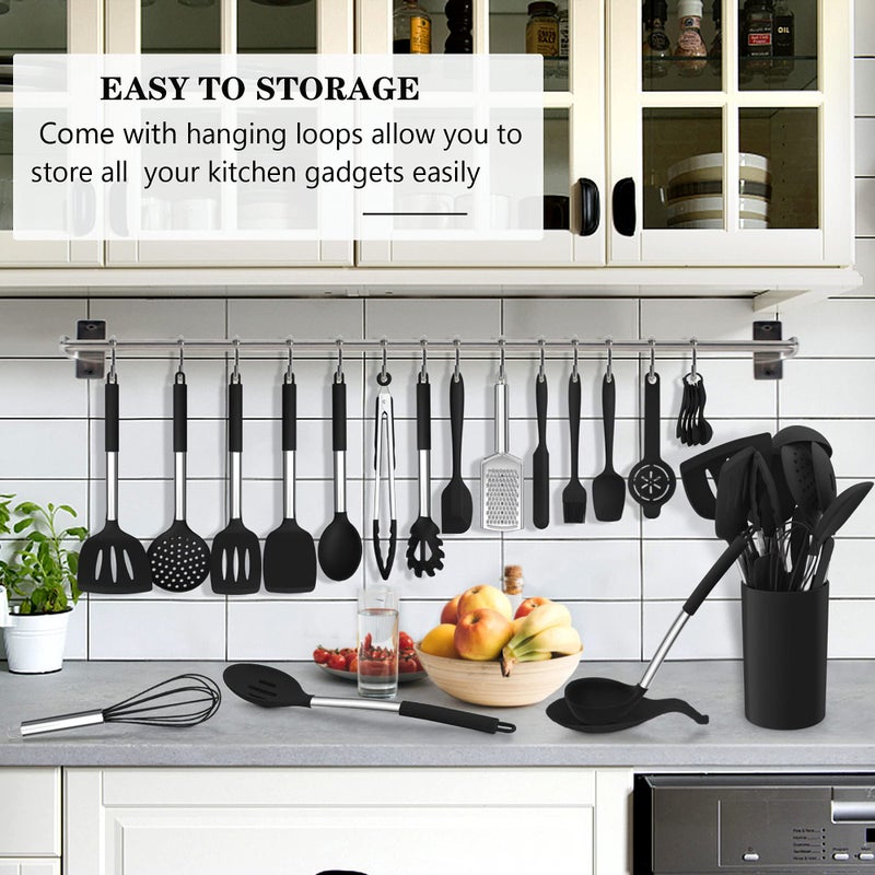 LIANYU Kitchen Cooking Utensils Set, 35-Piece Silicone Cooking Utensils Spatula Set with Holder, Non-stick Heat Resistant Cookware with Stainless Steel Handle, Black - Image 5