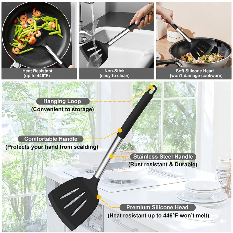 LIANYU Kitchen Cooking Utensils Set, 35-Piece Silicone Cooking Utensils Spatula Set with Holder, Non-stick Heat Resistant Cookware with Stainless Steel Handle, Black - Image 3