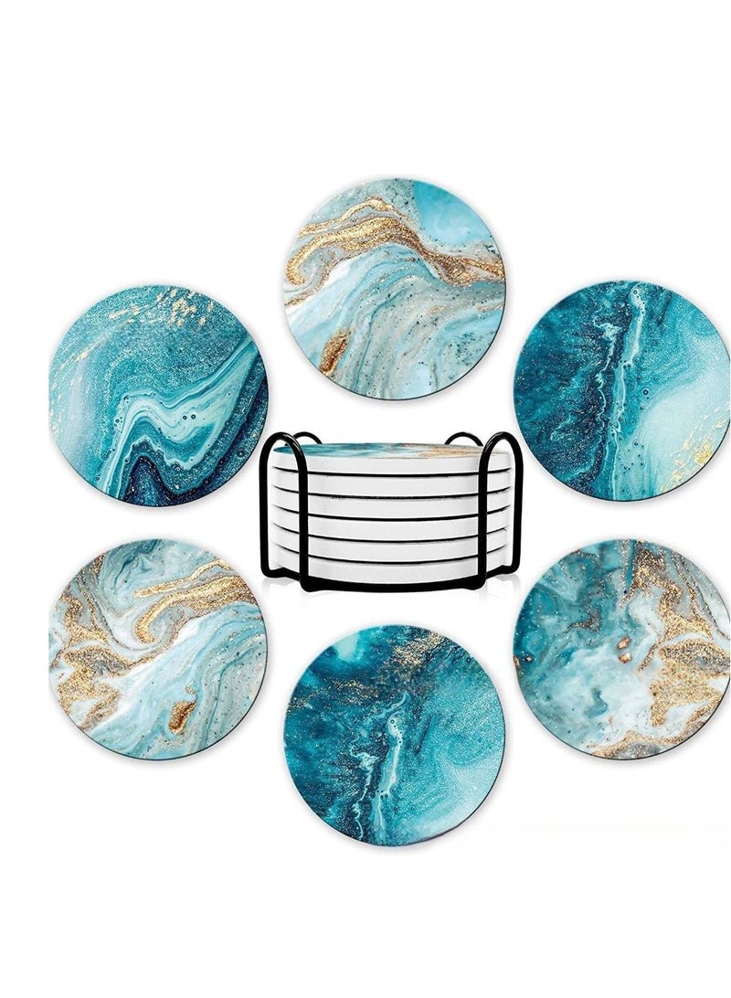 MIXDE 6-Piece Absorbent Coaster,Round Coasters Set With Holder,Ocean Design Drink Coasters For Tabletop Protection - Image 1