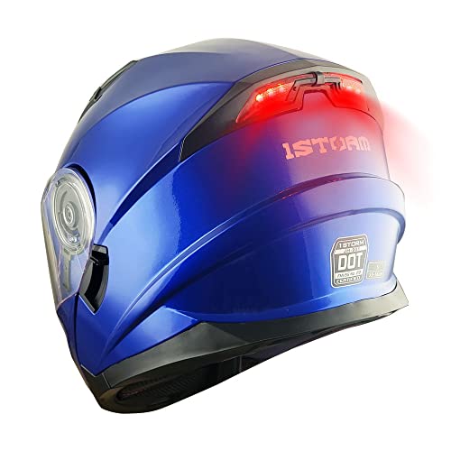 1Storm New Motorcycle Bike Modular Full Face Helmet Dual Visor Sun Shield with Rechargeable LED Tail Light: Glossy Blue - Image 1