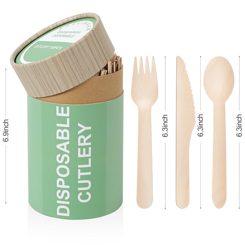 EZYLINKER (150 Pcs) Special Edition Compostable Cutlery Set - Disposable Wooden Cutlery Set - Alternative to Plastic  Eco Friendly  Biodegradable  50 Each Wooden Spoons  Knives  Forks Disposable Utensils Set - Image 2