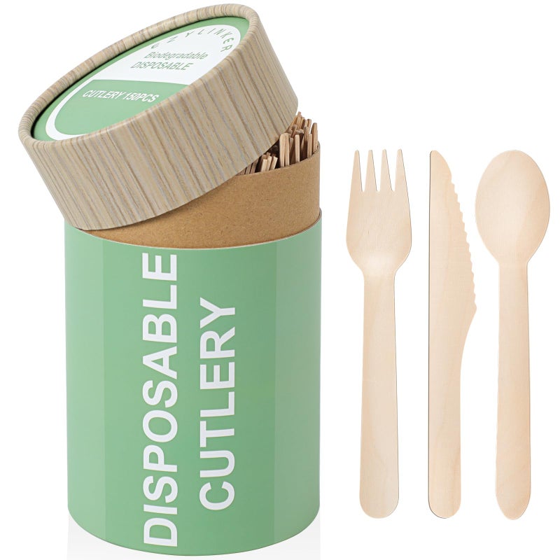 EZYLINKER (150 Pcs) Special Edition Compostable Cutlery Set - Disposable Wooden Cutlery Set - Alternative to Plastic  Eco Friendly  Biodegradable  50 Each Wooden Spoons  Knives  Forks Disposable Utensils Set - Image 1