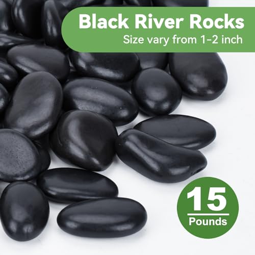 Pulovin 15 lbs Black Rocks for Planters, 1"-2" Decorative River Rocks for Plants, Flower Pots, Vase, Polished Garden Stones for Outdoor Landscaping, Walkways, Yard - Image 2