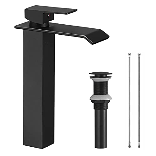 YCCUZA Bathroom Vessel Sink Faucet Black Waterfall One Hole Bowl Sink Faucet Bathroom Faucets Tall Single Handle with Drain Assembly Farmhouse Vanity Lavatory Deck Mount Supply Lines Hose - Image 1