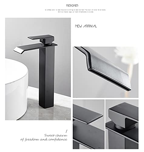 YCCUZA Bathroom Vessel Sink Faucet Black Waterfall One Hole Bowl Sink Faucet Bathroom Faucets Tall Single Handle with Drain Assembly Farmhouse Vanity Lavatory Deck Mount Supply Lines Hose - Image 4