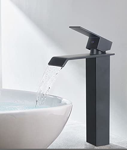 YCCUZA Bathroom Vessel Sink Faucet Black Waterfall One Hole Bowl Sink Faucet Bathroom Faucets Tall Single Handle with Drain Assembly Farmhouse Vanity Lavatory Deck Mount Supply Lines Hose - Image 3