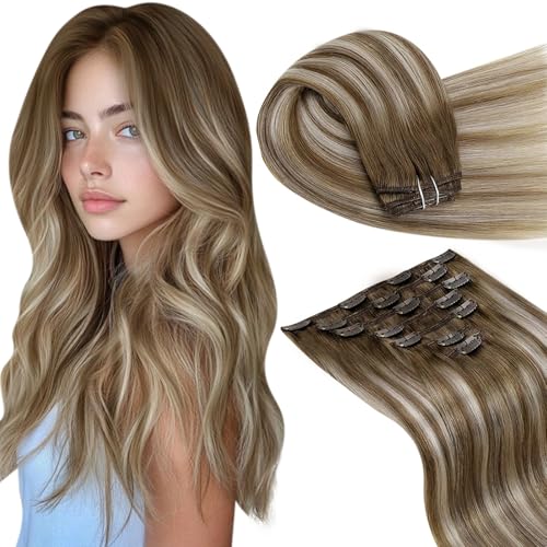 LaaVoo Clip in Hair Extensions Real Human Hair Brown Balayage Hair Extensions Clip ins Light Brown Ombre Platinum Blonde Human Hair Clip in Extensions Double Weft Full Head 18 Inch 7pcs 120g