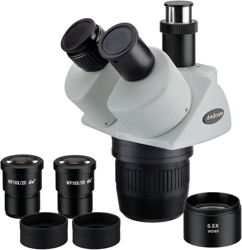 AmScope AmScope SW24TX Trinocular Stereo Microscope Head WH10x Eyepieces 10X20X40X Magnification 2X4X Objective Includes 05x Barlow Lens  - Image 1