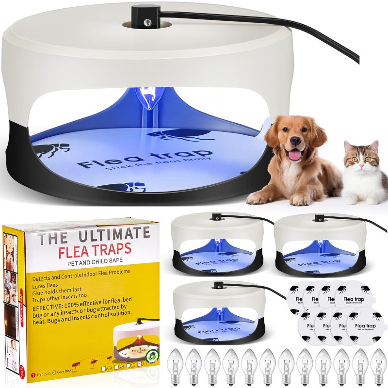 Qualirey 4 Packs Flea Traps for Inside Your Home with 8 Sticky Disc 12 Bulbs 4 Electric Wires Pest Insects Killer Bed Bug with Light for Indoor Safe to PetsRound Flea TrapBlack White