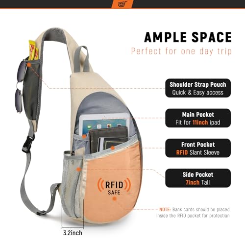 SKYSPER Sling Bag RFID Crossbody Sling Backpack Cross Body Shoulder Travel Bag Hiking Daypack for Women MenBeige - Image 3