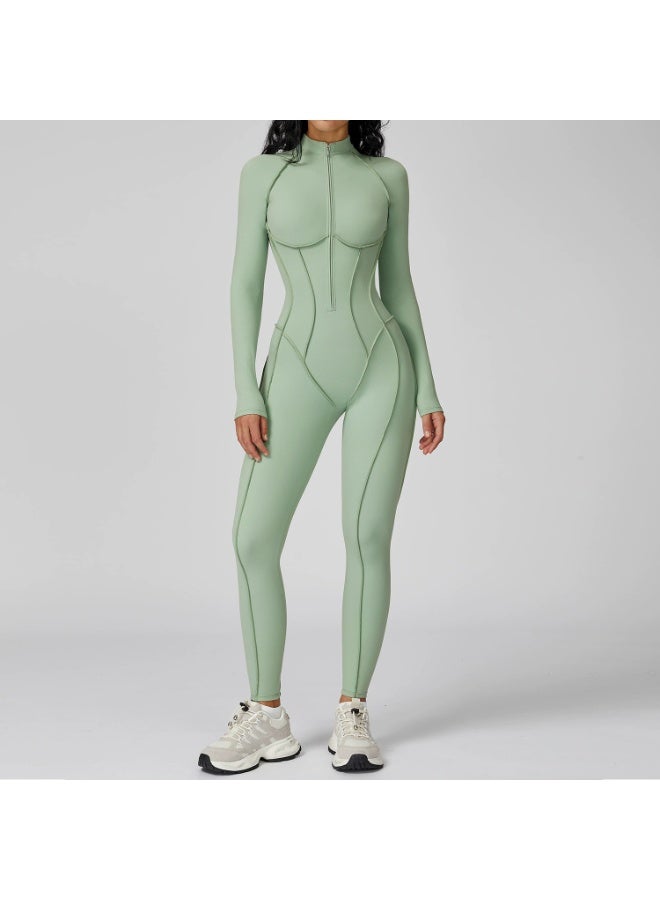 general AEEZO Womens Contour Seams Long Sleeve Padded Workout Jumpsuit Zip Up Tummy Control One Piece Bodycon Yoga Rompers - Image 1