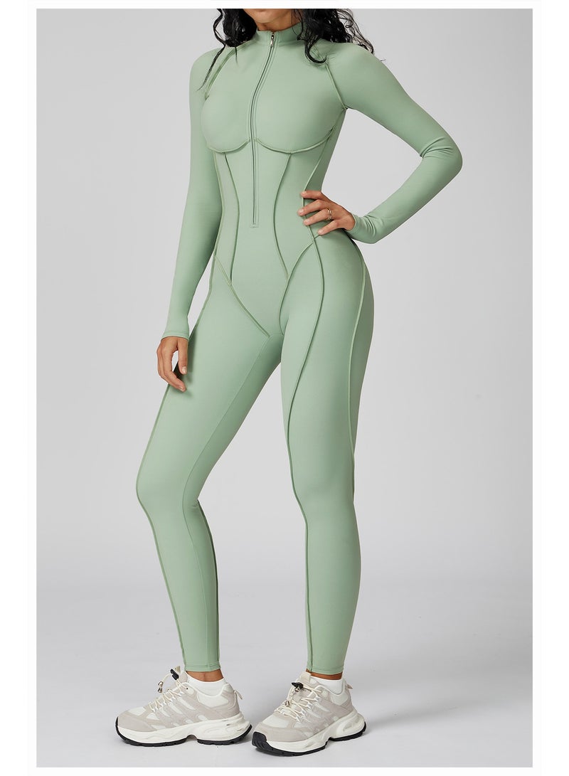 general AEEZO Womens Contour Seams Long Sleeve Padded Workout Jumpsuit Zip Up Tummy Control One Piece Bodycon Yoga Rompers - Image 2