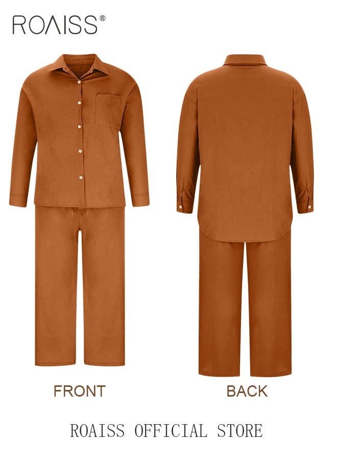 roaiss - Ladies 2 Piece Set New Trend Fashion Cotton Linen Shirt Suit Loose Pants Summer Spring Clothes for Women Breathable and Cool Long-Sleeve Lapel Shirt - Image 1