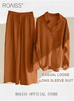 roaiss Ladies 2 Piece Set New Trend Fashion Cotton Linen Shirt Suit Loose Pants Summer Spring Clothes for Women Breathable and Cool Long-Sleeve Lapel Shirt  - Image 3