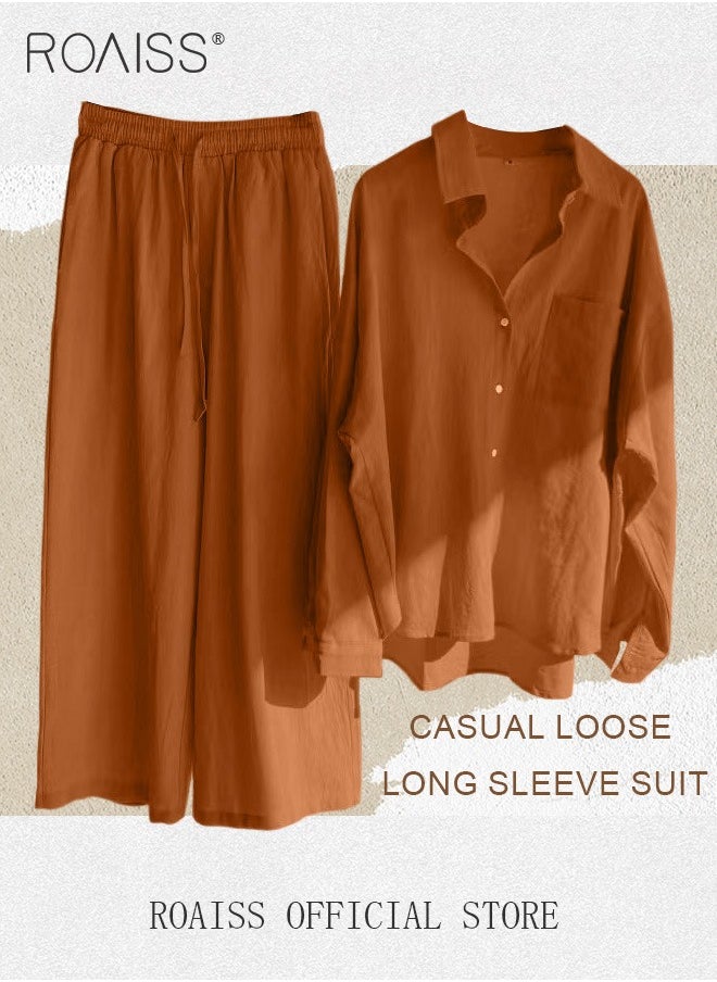roaiss - Ladies 2 Piece Set New Trend Fashion Cotton Linen Shirt Suit Loose Pants Summer Spring Clothes for Women Breathable and Cool Long-Sleeve Lapel Shirt - Image 1