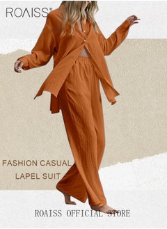 roaiss Ladies 2 Piece Set New Trend Fashion Cotton Linen Shirt Suit Loose Pants Summer Spring Clothes for Women Breathable and Cool Long-Sleeve Lapel Shirt  - Image 2